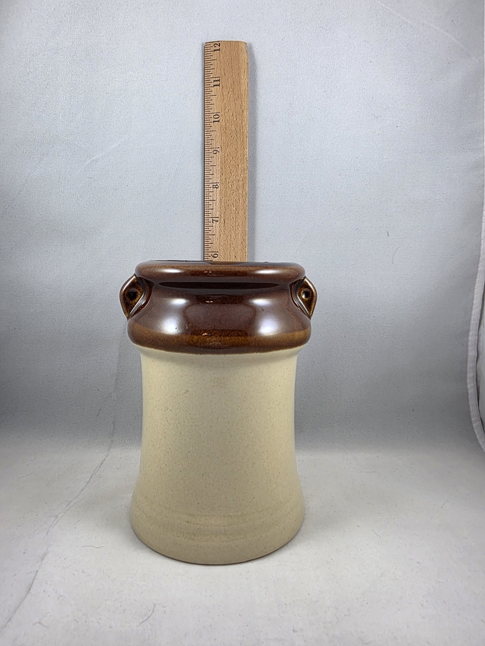 Vintage Two-Tone Stoneware Utensil Crock in Brown and Cream